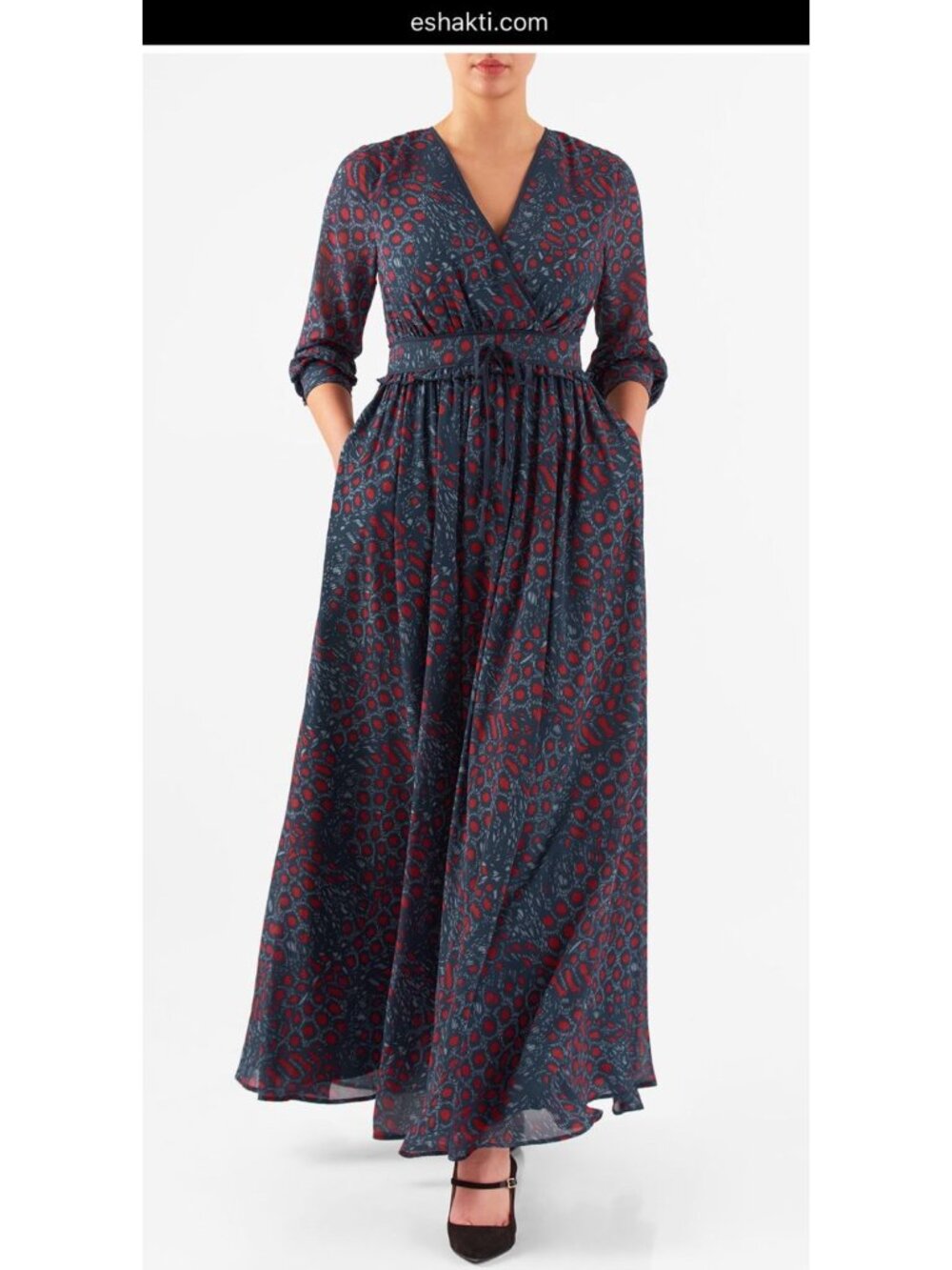 Eshakti Navy Red Printed Long Sleeve Georgette Surplice Maxi Dress